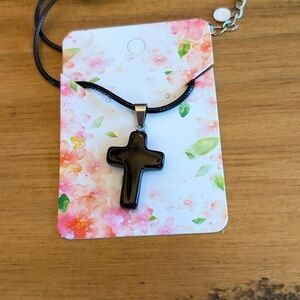 Black 1” Resin Cross Pendant Necklace with 16” cord perfect for men or women.